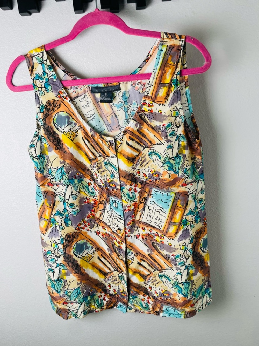 In Stock 100% Silk Multi Colored Button Front Sleeveless Blouse Womens Size S